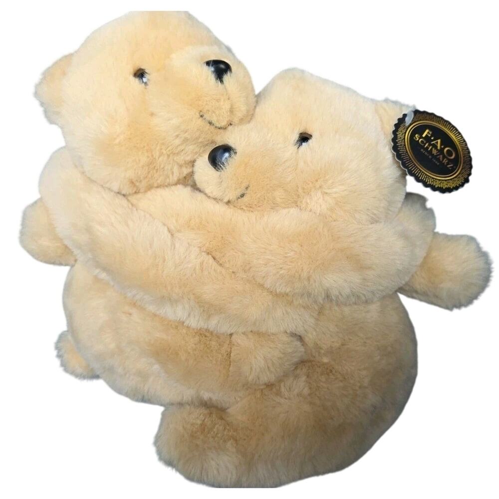 FAO Schwarz 9" Hugging Bears 2-piece Toy Plush Tan Stuffed Animals Soft